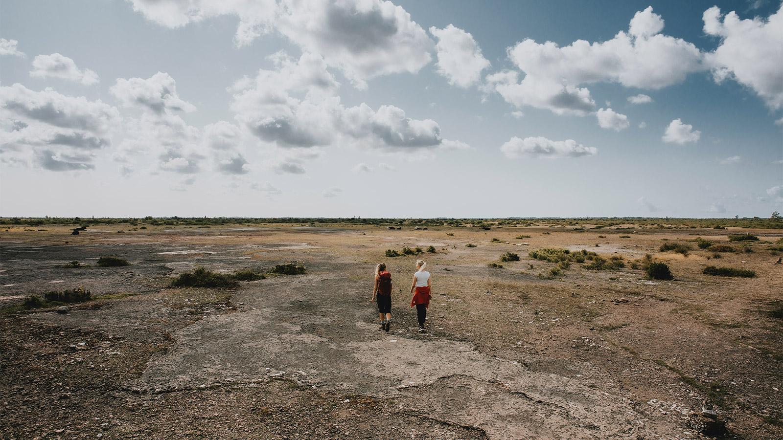 To piger vandrer i et øde landskab